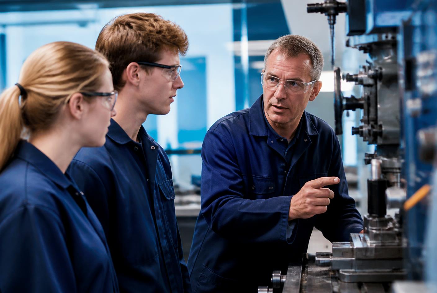 An instructor guiding two apprentices at industrial equipment in a training facility