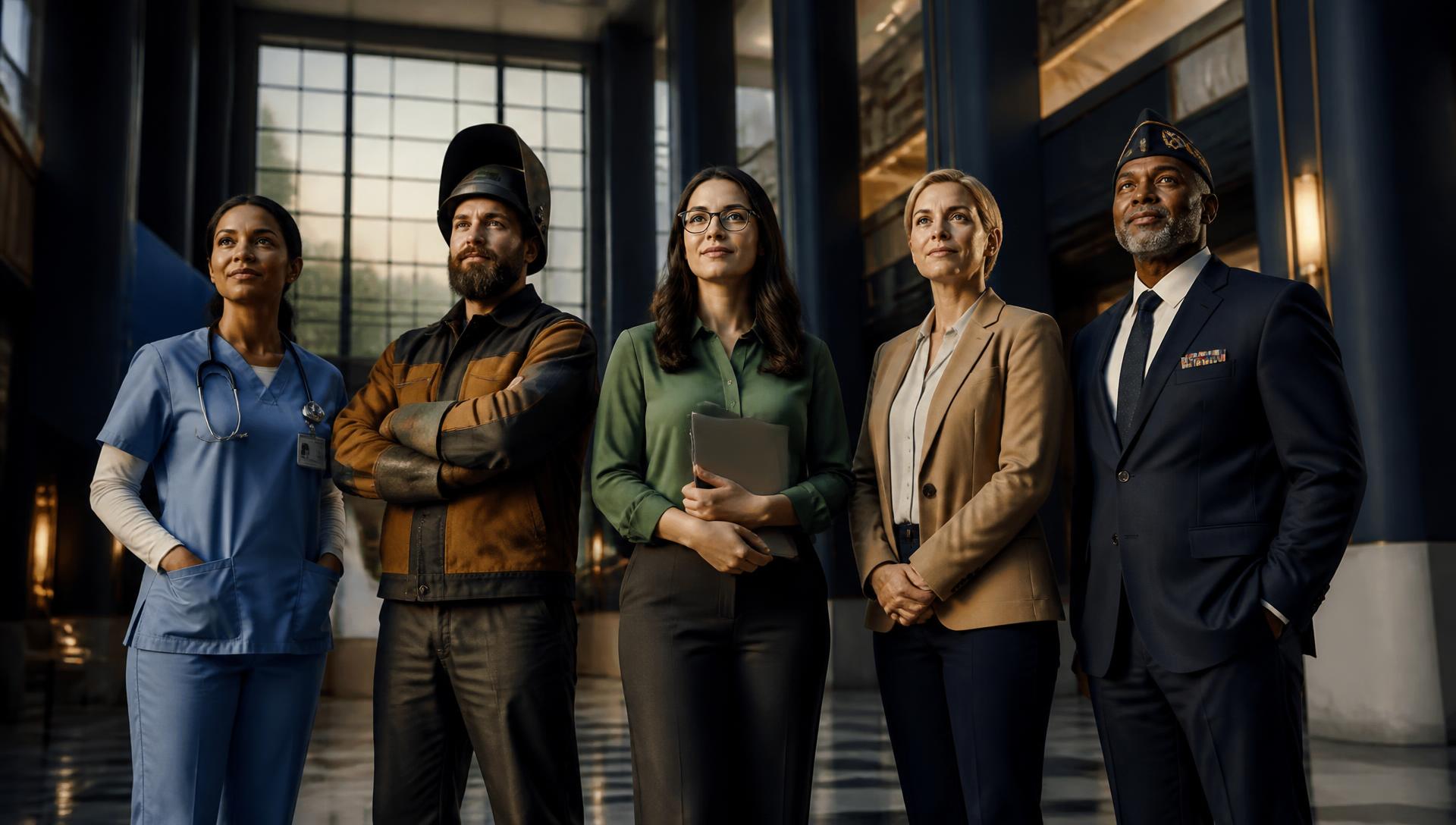 A nurse, a welder, a teacher, a business professional, and a veteran standing together in a civic building