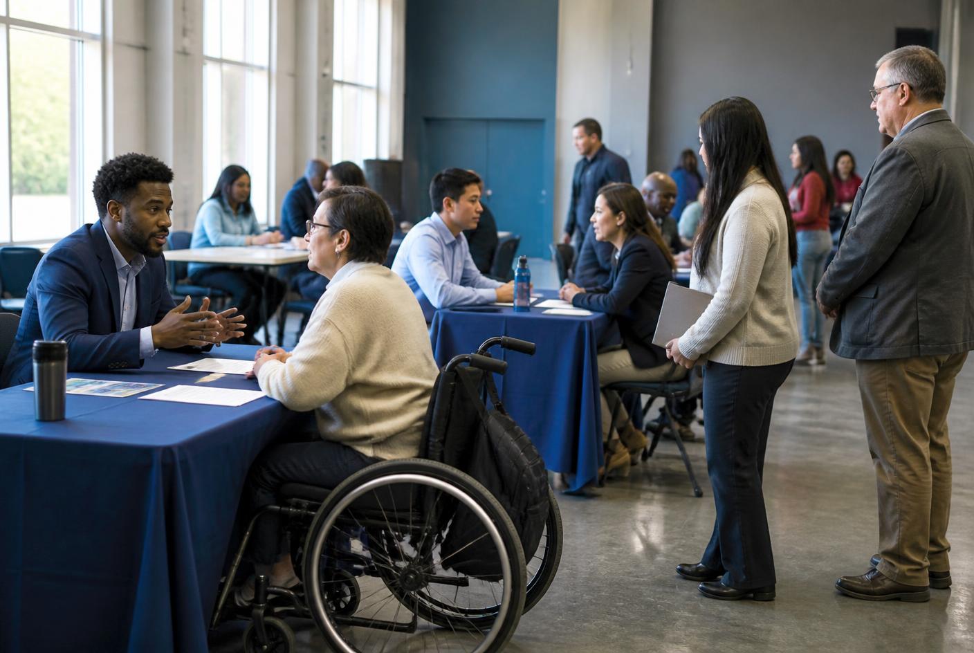 Job seekers meeting with employer representatives at a community hiring event